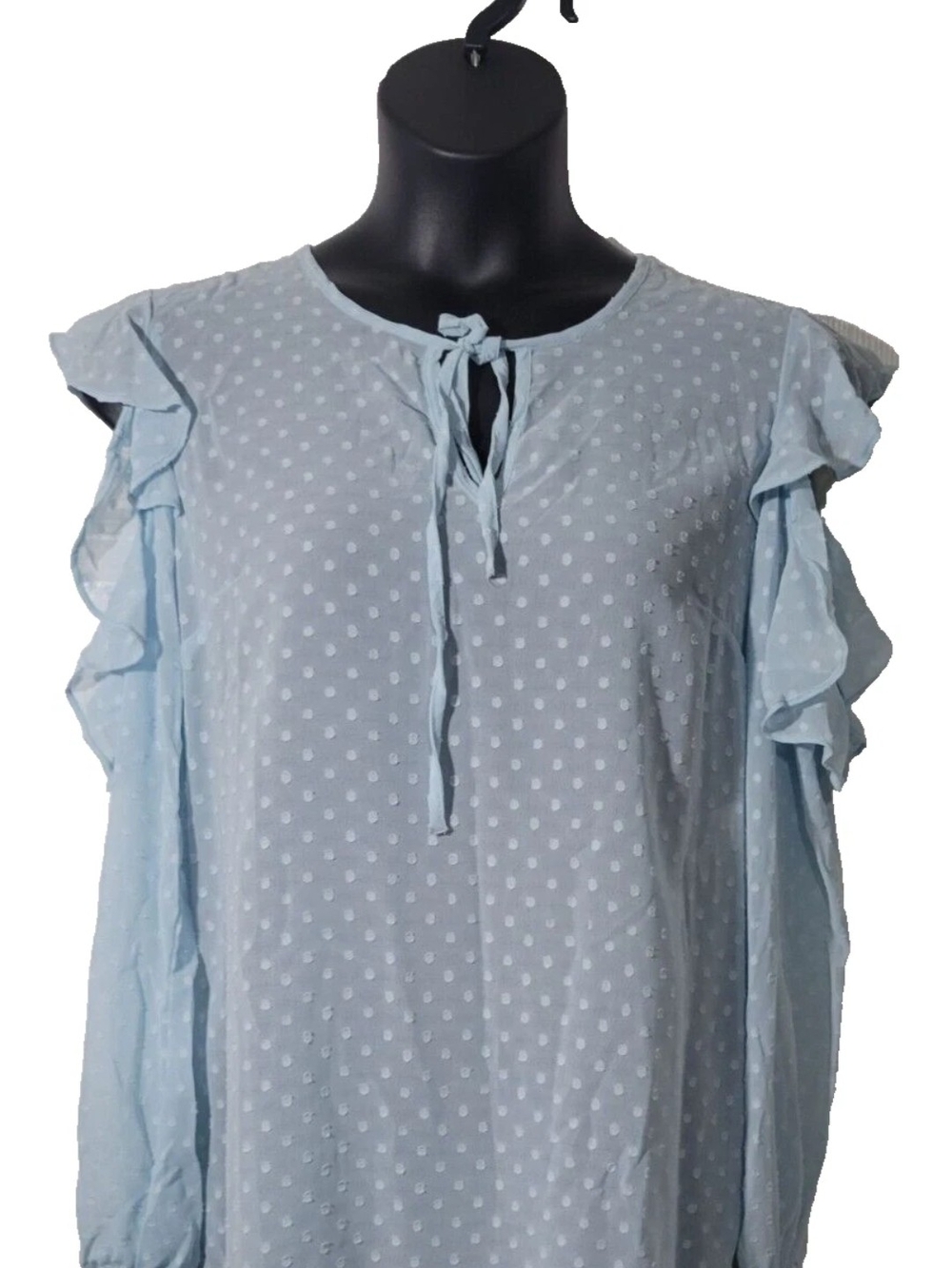 Libby Edelman Light Blue Dot Ruffle Tie-Front Blouse Sheer Coquette Top